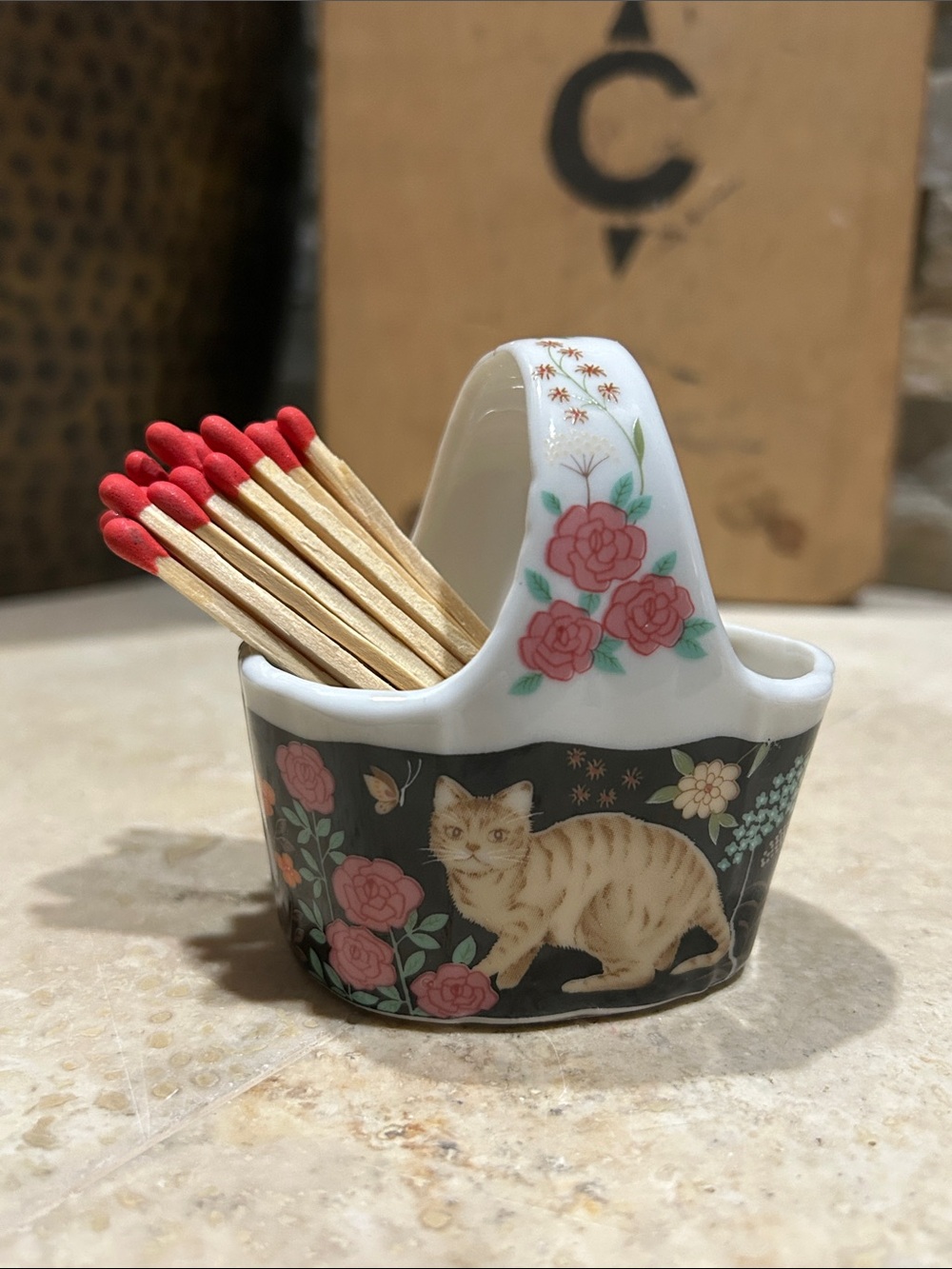 Porcelain Cat Match Holder with Pink Rose Floral Design